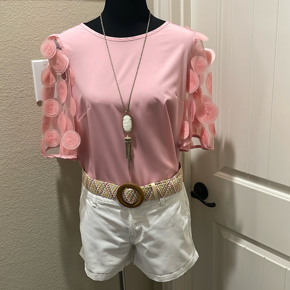 Pink Puff Sleeve Embellished Blouse